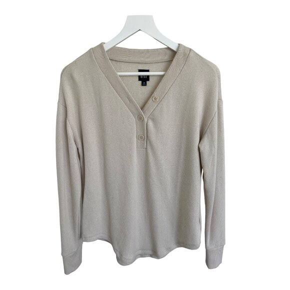 Gap Marled Henley V-Neck Top Oyster Beige - Picture 1 of 4